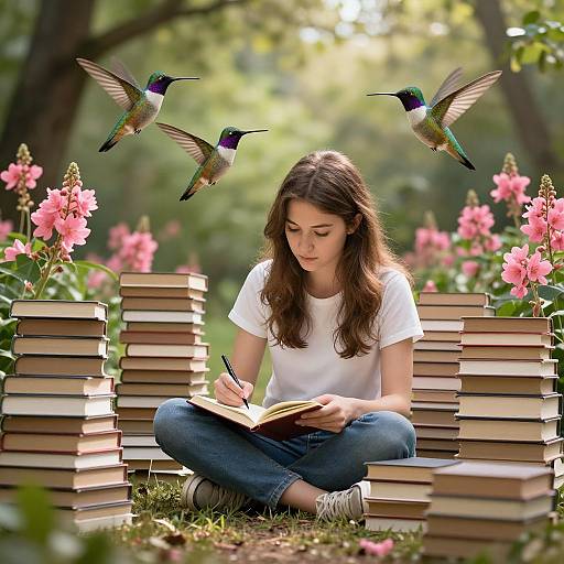 Photograph: Brown-haired woman in white shirt and jeans, sitting cross-legged among book stacks, writing in book, surrounded by pink flowers, with two