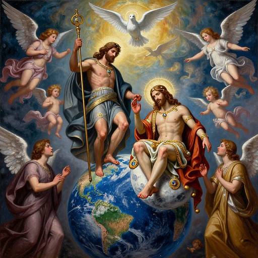Digital art of Jesus in red robe and staff, haloed, sitting on Earth, surrounded by angels, with a dove and radiant sun above.