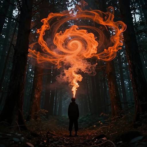 Photograph of a silhouetted person standing in a dark forest, emitting a swirling, fiery orange vortex from their head.