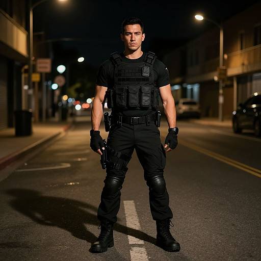 Photograph of a serious, muscular male police officer in black tactical gear, standing confidently on a dimly lit urban street at night.