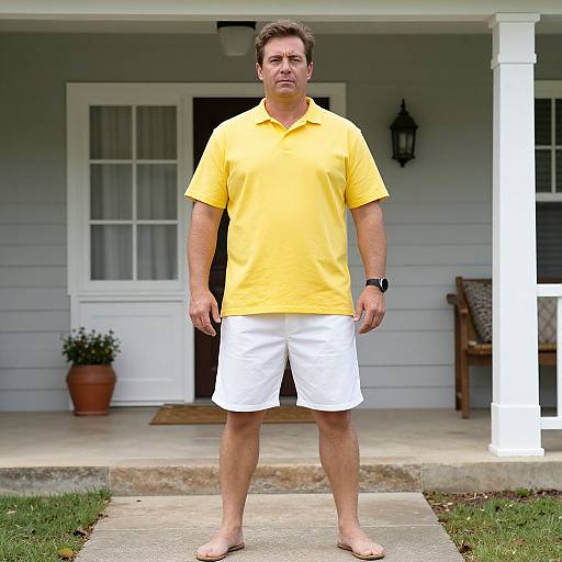 Photograph of a heavyset man with short brown hair, wearing a yellow polo shirt, white shorts, and sandals, standing on a porch.