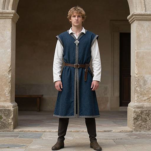 Photograph of a young, fair-skinned man with curly blond hair, wearing a medieval-style blue tunic with white shirt and brown belt, standing