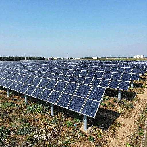 Photograph of a large solar panel field under a clear blue sky, with rows of blue solar panels on metal frames, surrounded by dry, grassy