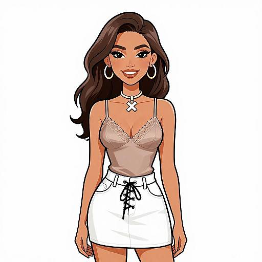 Digital illustration of a smiling, dark-haired woman with hoop earrings, wearing a lace-trimmed, beige camisole and a white, lace-up