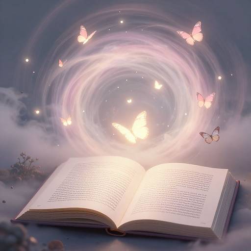 Magical open book emitting bright light, surrounded by glowing pink butterflies and swirling white light, against a misty, ethereal blue background. Digital artwork