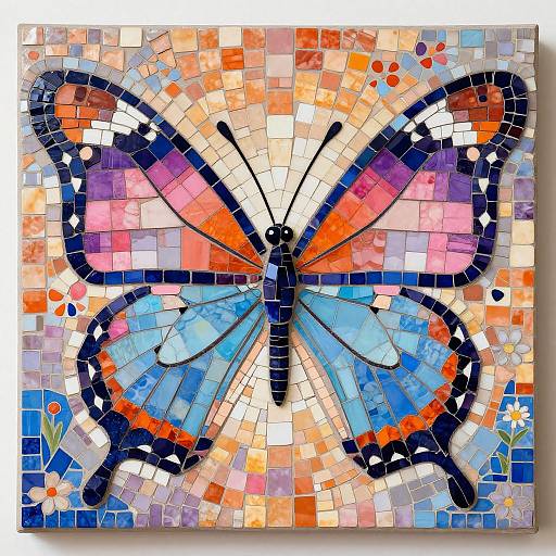 Vibrant mosaic art of a butterfly with blue, pink, orange, and black tiles, set against a colorful, square-patterned background.