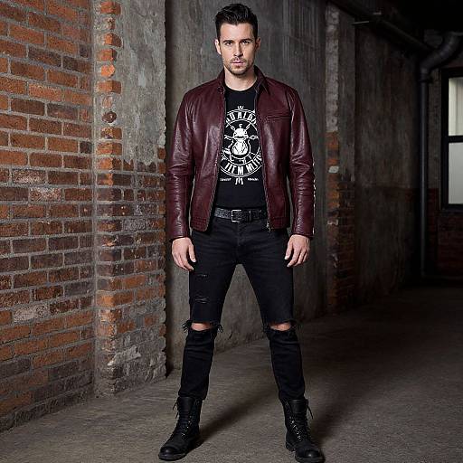 Photograph of a rugged, dark-haired man in a maroon leather jacket, black t-shirt with graphic, ripped jeans, and black boots, standing