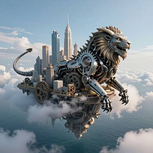 Digital artwork: Mechanical lion with gears and metal fur, standing on floating cityscape with skyscrapers, surrounded by clouds, against a bright blue sky