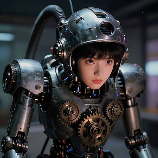 CGI image of a young woman with pale skin, black hair, and large eyes, wearing a metallic cybernetic suit with gears and tubes,