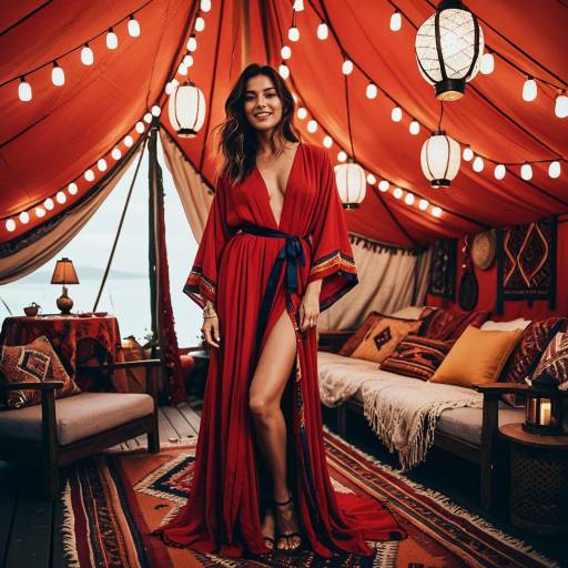 Woman in Red Robe Inside Bohemian Tent
