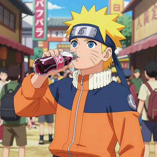 Digital anime-style drawing of Naruto drinking soda in a bustling Japanese street market; wearing orange and blue jacket, headband, white collar.