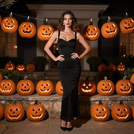 Elegant Woman in Black Dress with Halloween Jack-o'-Lanterns