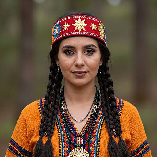 Photograph of a young woman with dark braided hair, wearing an orange traditional dress, red star-patterned headband, and colorful bead necklaces