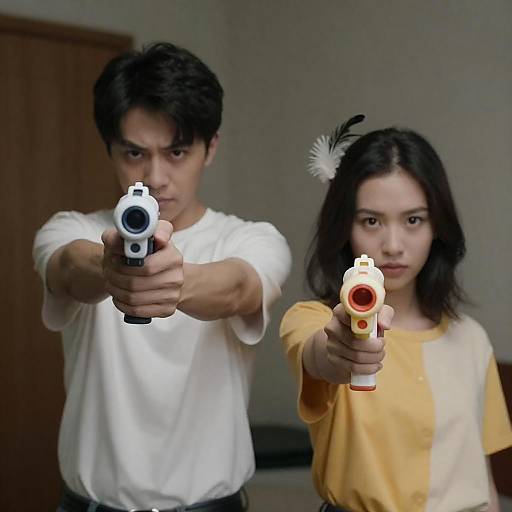 Young Couple Pointing Toy Guns in Room