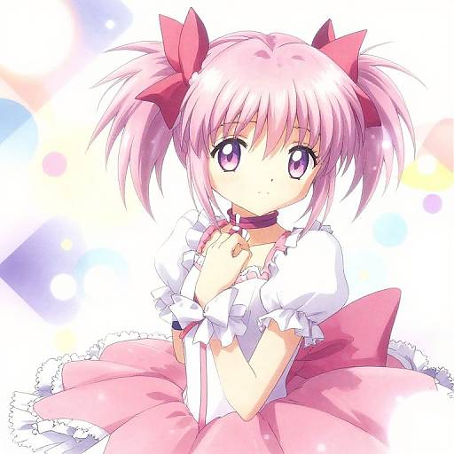 Digital anime-style drawing of a cute pink-haired girl with twin pigtails, large purple eyes, wearing a frilled pink dress and red bow,