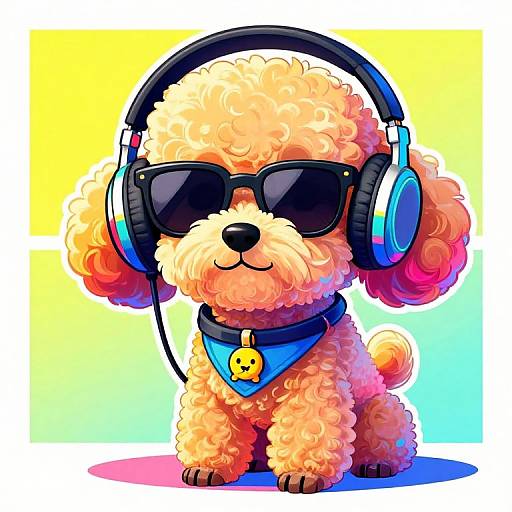 Cute, curly-haired, orange puppy with black sunglasses and blue headphones, wearing a blue bandana with a yellow tag, against a colorful gradient background