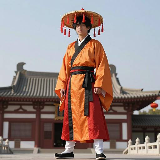 Man in Traditional Chinese Outfit with Large Tassel Hat