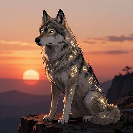 Digital art of a glowing, mystical wolf with neon patterns sitting on a cliff at sunset, with a vibrant orange and pink sky.