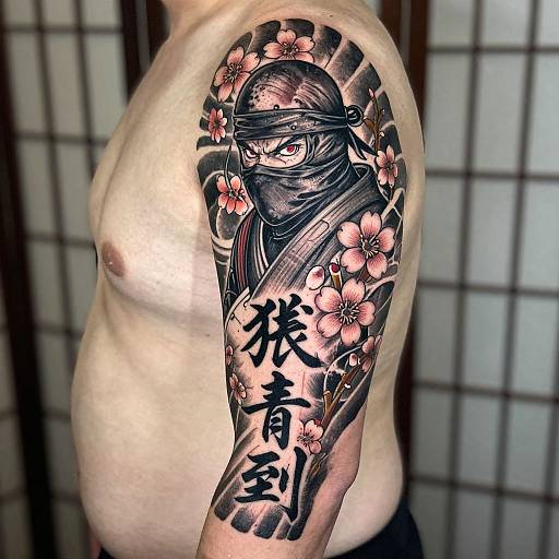 Shirtless man with intricate black-and-red Japanese ninja tattoo of samurai with cherry blossoms and kanji on upper arm, standing against shoji