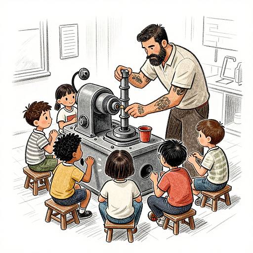 Bearded Man Teaching Kids Machine Repair