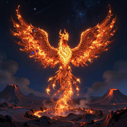 Radiant Obsidian Phoenix in Volcanic Caldera