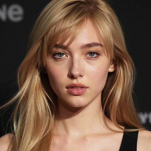 Photograph of a young, fair-skinned blonde woman with blue eyes, straight bangs, and natural makeup, wearing a black top, against a
