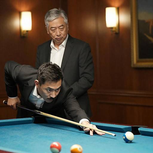 Intense Pool Game in Wood-Paneled Room
