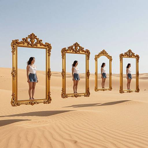 Photograph of a woman in white top and blue shorts reflected in five ornate, gold-framed mirrors in a bright, sandy desert.