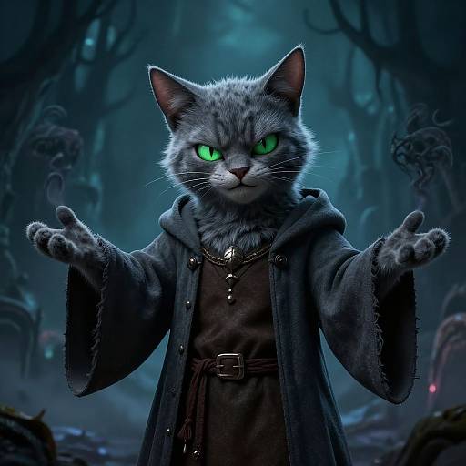 CGI image of a gray tabby cat with glowing green eyes, wearing a dark hooded cloak, extending arms in a mysterious forest.