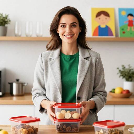 Smiling Woman Holding Food Containers in Kitchen