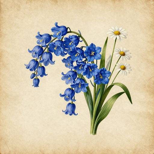 Watercolor illustration of vibrant blue grape hyacinths and white daisies with yellow centers, set against a textured beige background.