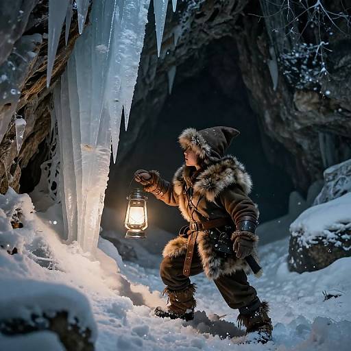 Photograph of a rugged, fur-clad adventurer with a lantern, standing in a snow-covered cave with icicles, illuminated by soft light.