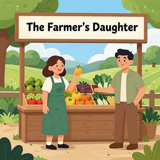 Cartoon-style image of a farmer's market stall with a sign 