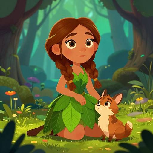 Cartoon-style girl with brown braided hair, wearing a leaf dress, kneels in a magical forest, gently petting a small, brown and
