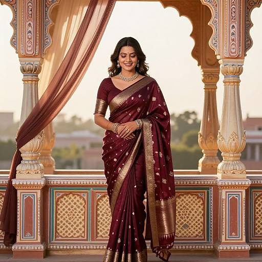 Photograph of an Indian woman in a maroon saree with gold embroidery, standing in a ornate, traditional architectural setting.