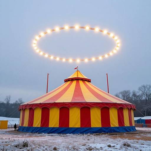Photograph of a red and yellow striped circus tent with a glowing circular string of lights overhead, set against a snowy, overcast sky.