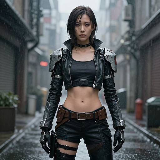 Digital art of a fierce, wet-haired Asian woman in a black leather crop top, armored jacket, and shorts, standing in a rainy urban alley.