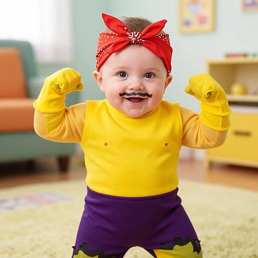 Photograph of a smiling baby with light skin, dark hair, red bandana, yellow shirt, purple pants, flexing arms in a bright room