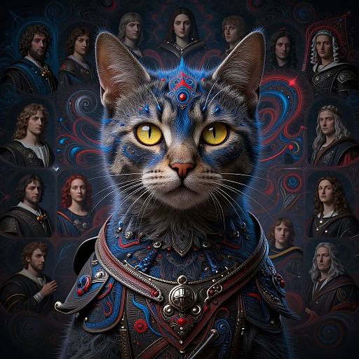 Photorealistic digital artwork: A glowing-eyed, blue-patterned cat in ornate, medieval armor stands centered, surrounded by a background of serious-faced