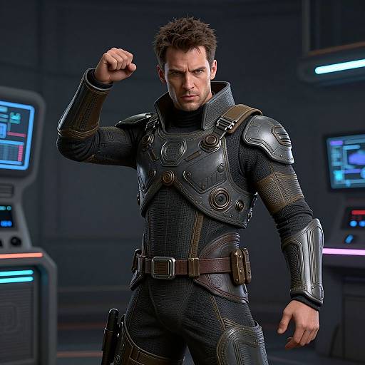 Photorealistic CGI of a muscular man with short dark hair in futuristic black armored suit, flexing arm in a dimly lit sci-fi control room