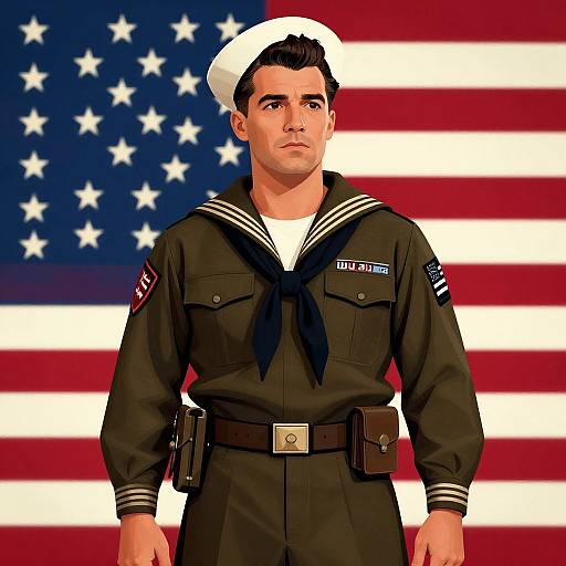 Digital illustration of a handsome, dark-haired male naval officer in a black sailor uniform with a white hat, standing in front of an American flag background.