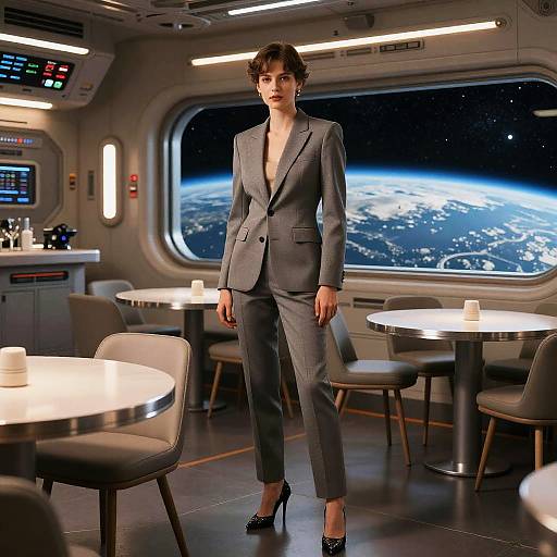 Photograph of a woman in a gray, open-collared blazer and black high heels standing in a futuristic space station café with planet view,