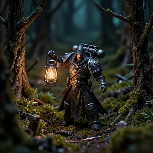 Photograph of a detailed, armored medieval fantasy figure holding a glowing lantern in a dark, enchanted forest with moss-covered trees.
