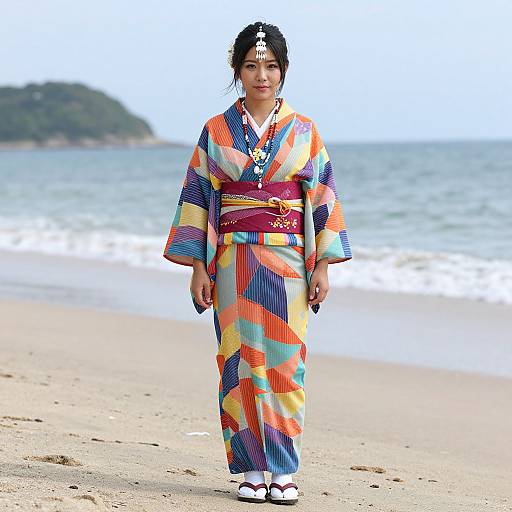 Photograph of an Asian woman in a colorful, geometric-patterned kimono with a purple obi, standing on a sandy beach with ocean waves and