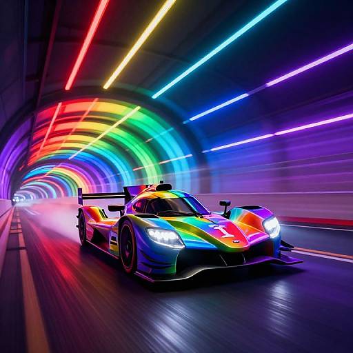 Neon-lit tunnel with vibrant rainbow arch and multicolored lights illuminating a speeding, rainbow-decaled sports car, creating a dynamic, futuristic
