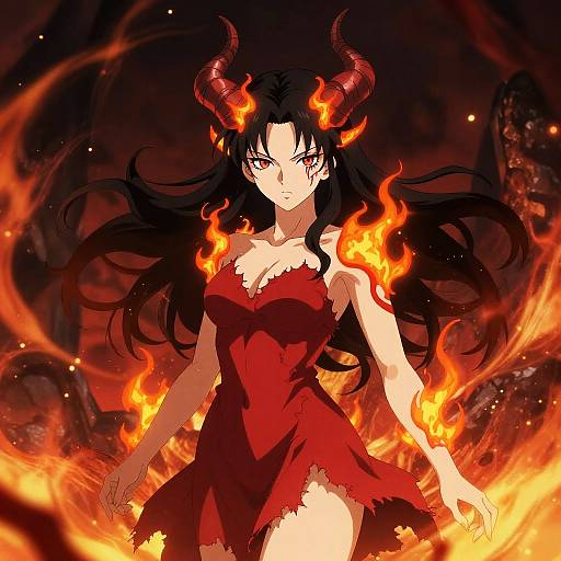 Digital anime artwork of a fierce, black-haired demoness with red horns, glowing eyes, and a tattered red dress, surrounded by fiery flames.