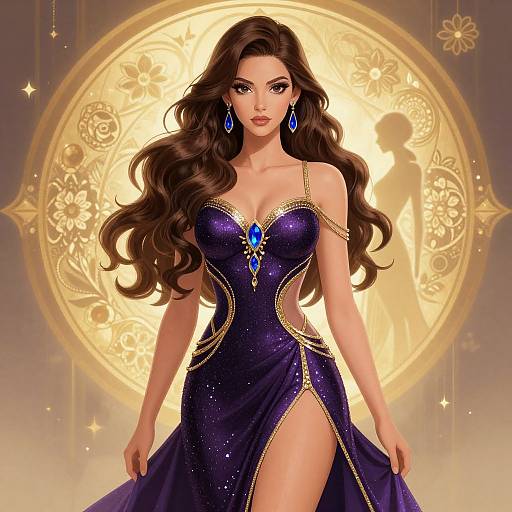 Digital art of a beautiful woman with long brown hair in a sparkling, navy blue, strapless gown with gold trim and a thigh-high slit, adorned