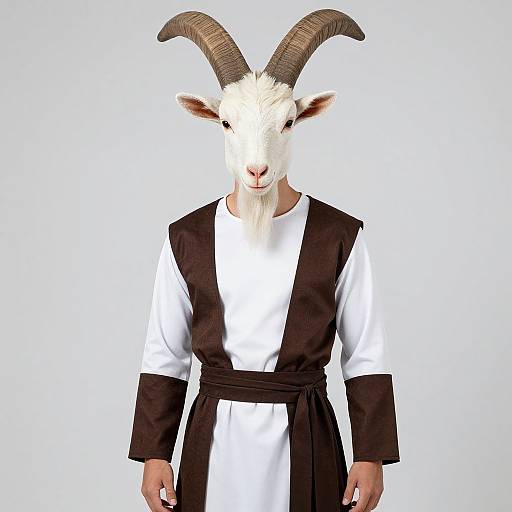 Photograph of a person with a goat head wearing a black and white martial arts robe, standing against a plain white background.