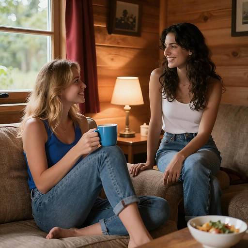 Two Women Chatting in Cozy Wooden Cabin