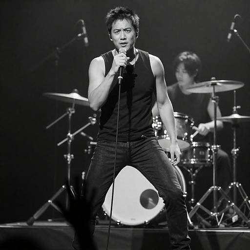 Dynamic Black-and-White Rock Singer Photo